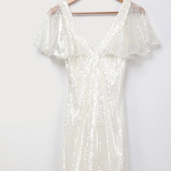 Maximum Sparkle White Sequin Flutter Sleeve Midi Dress - Picture 7 of 9